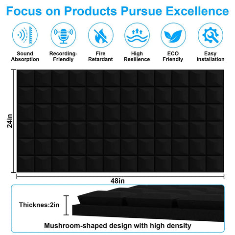 Four Pack Heavy Duty Acoustic Foam Panels Top Tier Sound Deadening Wall Tiles Noise Cancelling Studio Pads Pro Grade Soundproofing For Home Office And Music Rooms, black foam panels 48x24x2 inches with mushroom shape design