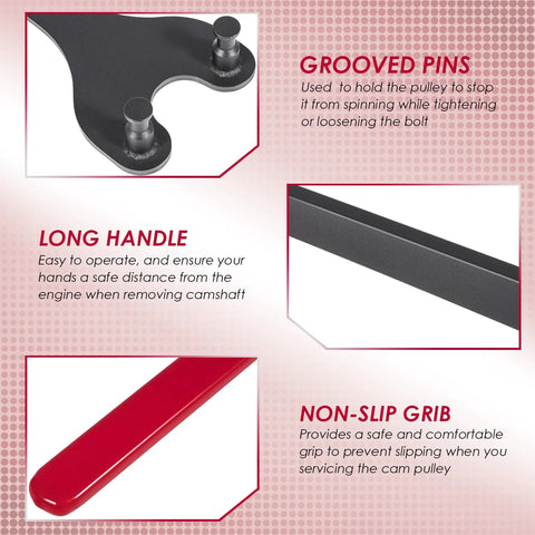 Yoursme cam pulley holder tool with grooved pins and long black handle with red grip for camshaft service.