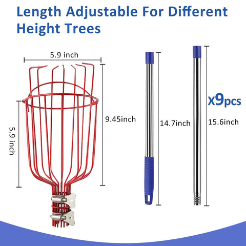 Long Reach Fruit Picker Pole With Basket components, showing red basket and stainless steel poles with length measurements.