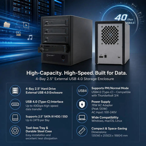 Rock Solid USB C External Storage 4 Bay Sata Hdd Ssd Enclosure showcases four drive bays and USB 4.0 interface for high-speed data transfer.