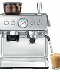Heavy Duty Dual Boiler Espresso Machine With Built In Grinder And 20 Bar Pressure For Ridiculously Smooth Shots Featuring Pid Temp Control and dedicated milk frother steam wand, with a latte in foreground.