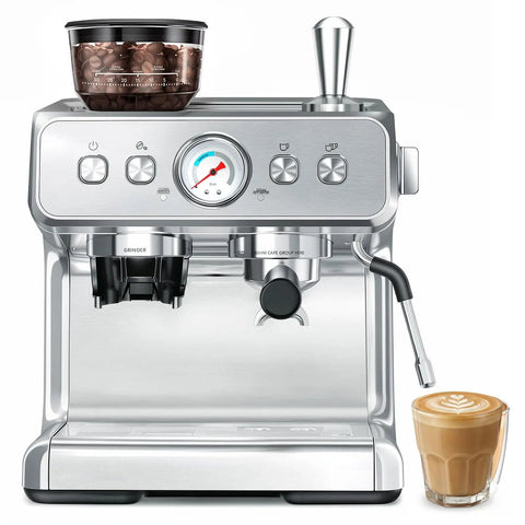 Heavy Duty Dual Boiler Espresso Machine With Built In Grinder And 20 Bar Pressure For Ridiculously Smooth Shots Featuring Pid Temp Control and dedicated milk frother steam wand, with a latte in foreground.