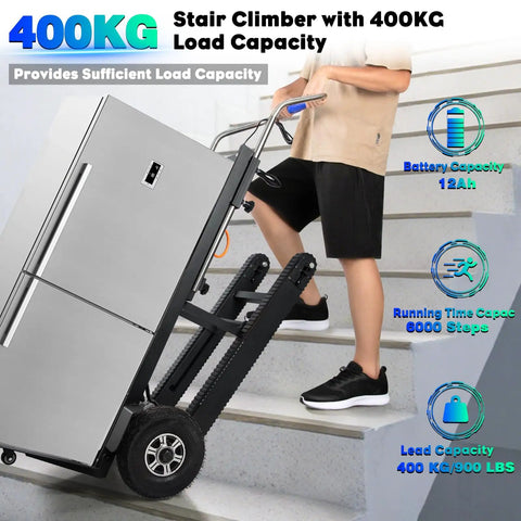 Upgrade Your Heavy Lifting Game With This Badass 1250 Watt Electric Stair Climbing Hand Truck on stairs hauling a large refrigerator.