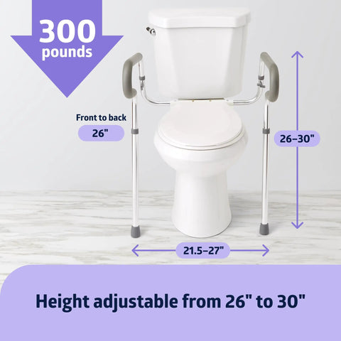 Adjustable Toilet Safety Rail For Medical Patients And Care Facilities Rock Solid Mount Fits Standard Or Elevated Seats Height Range 26 To 31 Inches Hospital Grade Support For Hospitals And Nursing Homes image showing measurements and weight capacity.