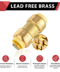 Pack Of 10 Dope Three Quarter Inch Push Fit Straight Coupling Fittings For Pex Copper And CPVC With Disconnect Clip Lead Free DZR For Water Systems 200 PSI 200 Degrees F, showing lead-free brass and connection points.
