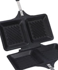 Badafaci Electric Panini Press Flip Iron Non Stick Double Griddle showing two griddle sections with ridges, ideal for sandwiches.