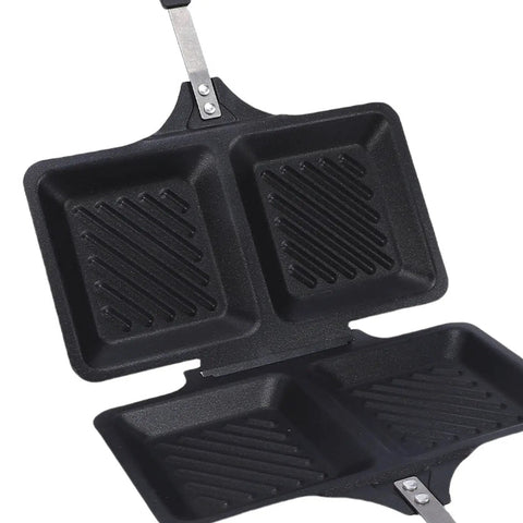 Badafaci Electric Panini Press Flip Iron Non Stick Double Griddle showing two griddle sections with ridges, ideal for sandwiches.