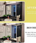 No Fuss Black Wood Grain Peel And Stick Border Wallpaper seen on bathroom mirror edge with before and after comparison