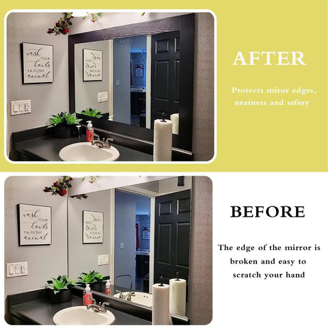 No Fuss Black Wood Grain Peel And Stick Border Wallpaper seen on bathroom mirror edge with before and after comparison