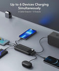 Heavy Duty 10000mAh Power Bank Featuring Reinforced Built In Four Cables For Multi Device Fast Charging And All Day Road Trip Juice To Keep Every Screen Alive charging multiple devices with three cables.