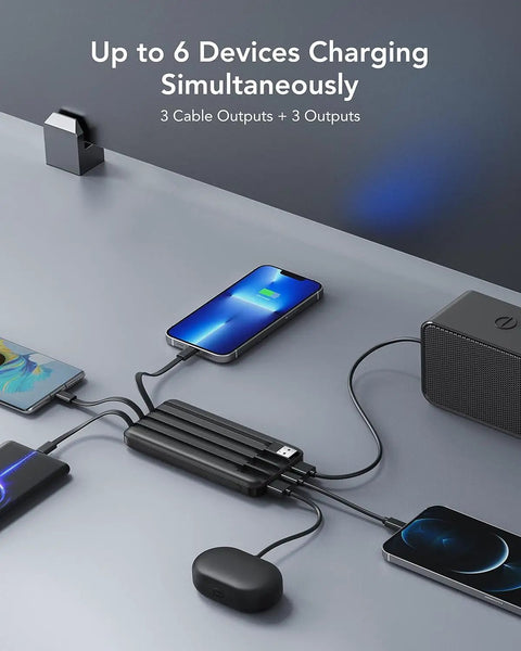 Heavy Duty 10000mAh Power Bank Featuring Reinforced Built In Four Cables For Multi Device Fast Charging And All Day Road Trip Juice To Keep Every Screen Alive charging multiple devices with three cables.