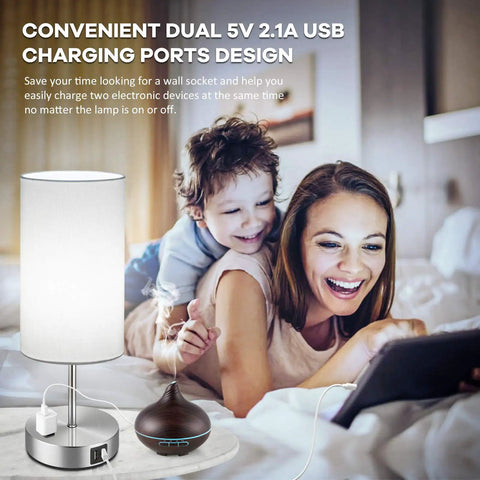 Pair Of Touch-Control Table Lamps With USB Ports And AC Outlet, 3-Way Dimmable Bedside Lamps used by woman and child
