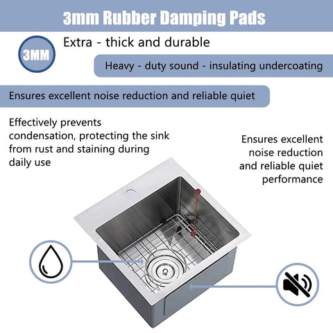 15x15 Inch Bar Sink Drop In Topmount Stainless Steel Square Single Bowl Kitchen Sink With Grid And Drain shown with damping pads