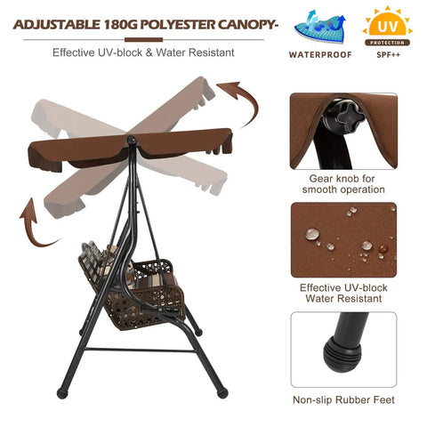 Three Seat Outdoor Patio Swing Chair With Large Convertible Canopy showing adjustable canopy and steel frame details.