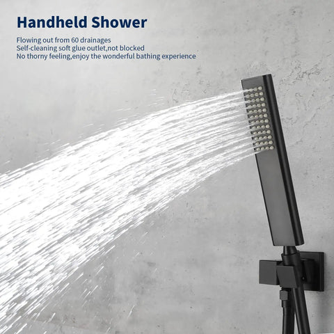 Waterfall Tub Faucet With Handheld Shower Matte Black Wall Mount Bath Filler Combo High Flow Tub Spout Single Lever Handle Lead Free Brass Safety Valve CUPC Certified shown with water flow