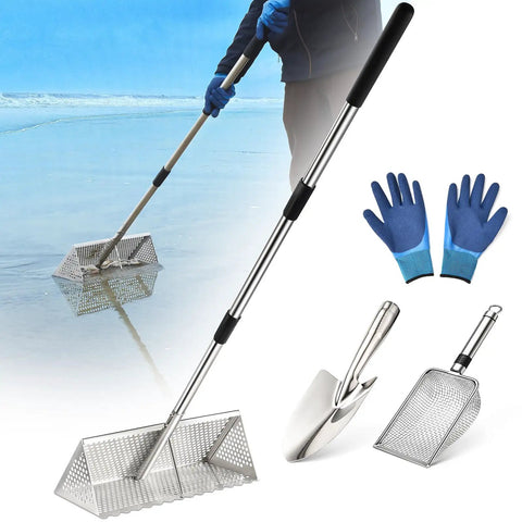 Person using Long Handle Beach Sand Flea Rake With 16 Inch Mesh Sifter Screen Stainless Steel Shark Tooth And Seashell Collector Kit.