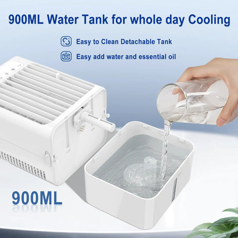Beat The Heat With This Compact Air Cooler Desk Fan With Three Speeds 120 Degree Oscillation One To Eight Hour Timer Seven Color Led Light And Mist Mode 900ml Water Tank Portable Cooling For Bedroom Office And Desk, showing detachable 900ml water tank being filled.
