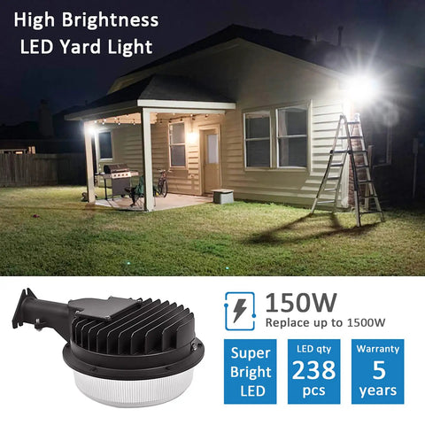 Beast Bright LED Barn Light 150W Dusk To Dawn Outdoor Yard Flood Light illuminating a house with ladder visible