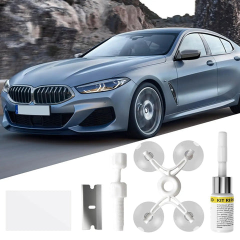 Auto Glass Windshield Chip And Crack Repair Kit With Repair Fluid For Cars Trucks RVs And Sedans Quick Fix tools displayed