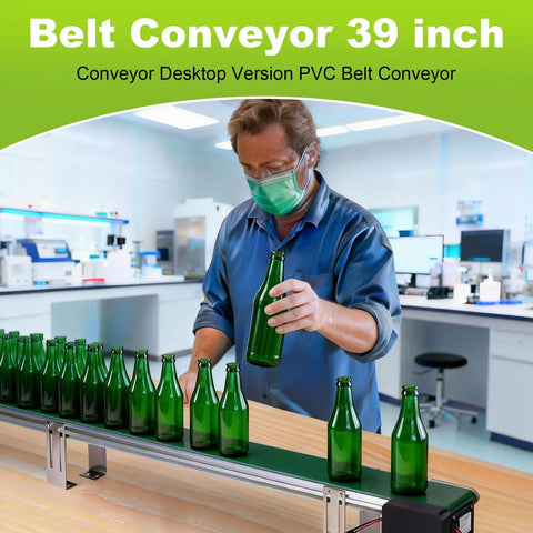 Person working with 39 Inch Adjustable Speed Belt Conveyor For Desktop Use, PVC Belt With Built In Sensors in a lab setting.