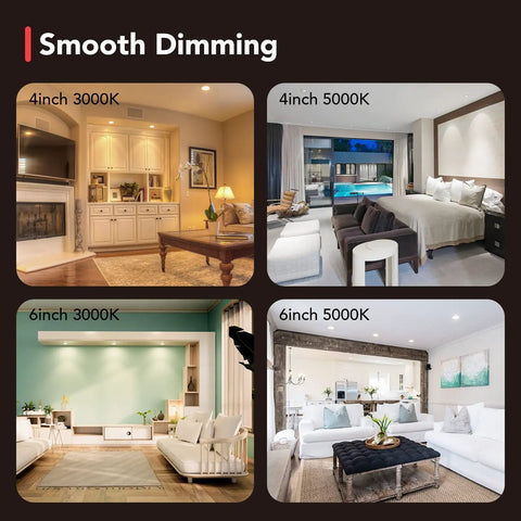 Comparison of smooth dimming in 4-inch 5000K recessed lights for different room styles, showcasing versatility of 12 Pack 4 Inch Canless LED Recessed Lights With Junction Box, 10W Equal 75W, 5000K Daylight, 650LM, CRI90 Plus, Waterproof Dimmable, Energy Saving LED Can Lights For Bathroom, Bedroom, Living Room, Kitchen.