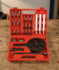 Solid Three Jaw Bearing Extractor Puller Kit With Controlled Screw Drive Removal Set Plus Heavy Duty Portable Case Keeps Tools Organized And Makes Fixing Inner Bearings A Total Game Changer For Pros Got Zero Sweat Ever Again. open case with puller parts