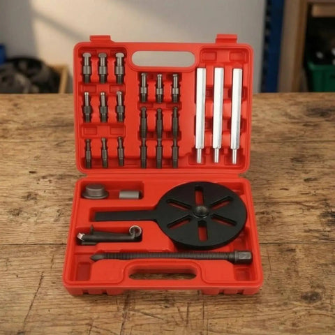 Heavy Duty Inner Bearing Extractor Puller Kit With Three Jaw Threaded Action For Car Fixes Built With Solid Metal Construction In Molded Case on wood table