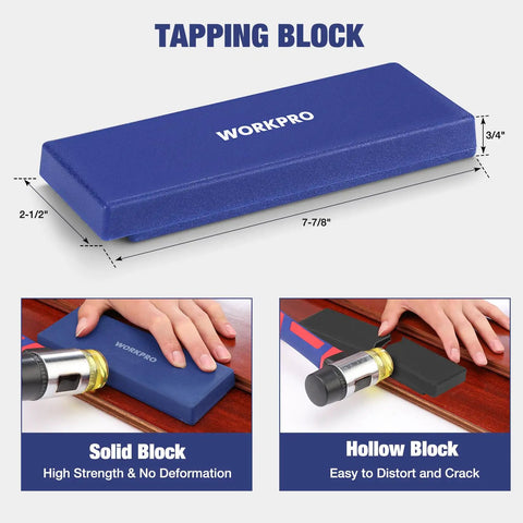 Laminate Flooring Installation Kit with solid wood tapping block, blue color, dimensions, and contrasting hollow block image.