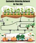 Pawfly 40-pack quick-connect drip fittings for 1/4" tubing; black push-to-fit connectors in garden layout