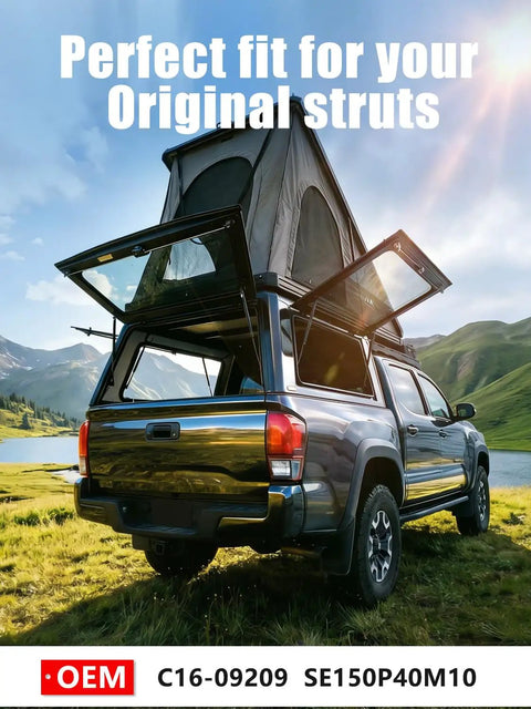 Truck with camper shell using 16 Inch 38 Lb Gas Struts Direct Replacement for Truck Cap Camper Shell Leer Topper and Truck Canopy