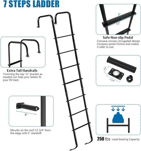 Premium Aluminum Exterior RV Ladder 7 Step For Travel Trailers Universal Outdoor Ladder Lightweight Yet Heavy Duty Rust Resistant Easy Install Supports Up To 250 Pounds, black 7-step rear-mount ladder