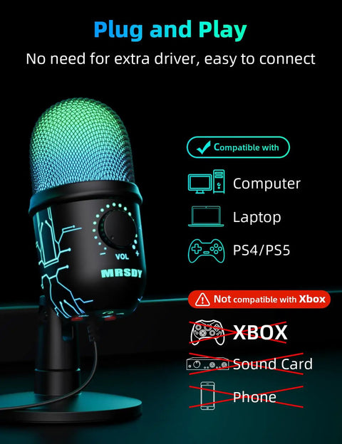 Gaming USB Mic With RGB LED Lights For PC Mac PS4 PS5 Dope Condenser Podcast Mic showing compatibility with devices