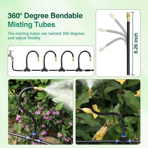 Automatic Garden Watering System With 39Ft Brass Misting Line And 12 Spraying Nozzles showing 360 degree bendable tubes in garden