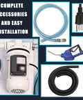 Heavy Duty 110V DEF Transfer Pump Kit For Drums And Totes Brings Ready To Roll Performance With Integrated Flow Meter And Stainless Steel Nozzle accessories including pump and hoses.