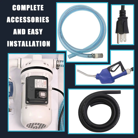 Heavy Duty 110V DEF Transfer Pump Kit For Drums And Totes Brings Ready To Roll Performance With Integrated Flow Meter And Stainless Steel Nozzle accessories including pump and hoses.