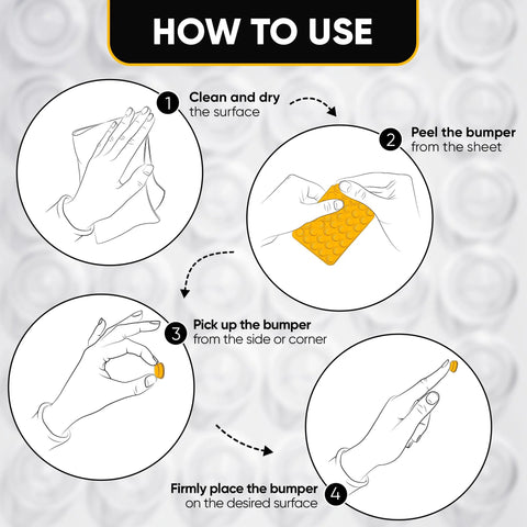 Illustration showing steps to apply Clear Silicone Bumper Pads 0.5 Self Adhesive Jelly Button Cushions Cabinets on a surface.