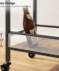 Slick 3 Tier Rolling Bar Cart With Ultra Smooth Swivel Wheels Rustic Brown Finish showcasing fence design and bottle placement.