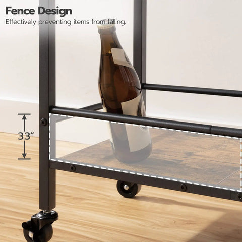 Slick 3 Tier Rolling Bar Cart With Ultra Smooth Swivel Wheels Rustic Brown Finish showcasing fence design and bottle placement.