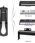 Diagram showing Universal Sustain Pedal for Digital Piano Keyboard Synthesizer and MIDI Controllers with various instruments.