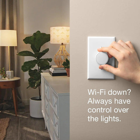 Aurora Smart Dimmer Switch For Philips Hue Bulbs Keeps Hue In Ready Mode With No App Required installed on wall in living room