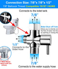 Diagram showing Three Way Brass Bidet T Adapter With Shut Off Valve For Toilet Supply Line, leakproof 7/8 x 7/8 x 1/2 inch connectors.