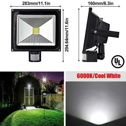 Bright 50W Motion Sensor LED Flood Light Plug In Outdoor Security Lamp No Fuss With 4500LM Output IP66 Waterproof Auto On Off 6500K Daylight US 3 Prong Plug For Garage Warehouse Billboard Stairs
