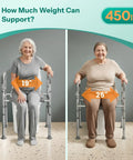 Two senior women demonstrating Heavy Duty Raised Toilet Seat With Grip Bars For Seniors, showing dimensions 19" and 25" for weight support.