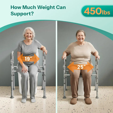 Two senior women demonstrating Heavy Duty Raised Toilet Seat With Grip Bars For Seniors, showing dimensions 19" and 25" for weight support.