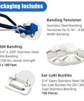 304 Stainless Steel Banding Kit With Tensioner And Cutter For Secure Packaging A Heavy Duty Strapping Tool That Delivers Easy Tensioning And Precise Cutting With A Ratchet Lock For A Firm Secure Grip. 3/4 in 304 banding kit with tensioner, coil, and ear-lokt buckles