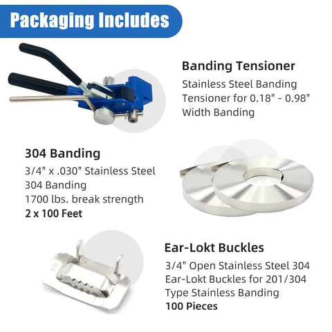304 Stainless Steel Banding Kit With Tensioner And Cutter For Secure Packaging A Heavy Duty Strapping Tool That Delivers Easy Tensioning And Precise Cutting With A Ratchet Lock For A Firm Secure Grip. 3/4 in 304 banding kit with tensioner, coil, and ear-lokt buckles
