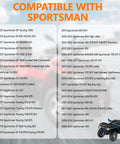 ATV gear shifter rod bushing compatibility chart for Polaris Sportsman models; two-column list and small blue quad image