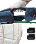 Heavy Duty Electric Hand Strapping Machine For Half To Five Eighth Inch PP PET Straps Friction Seamer Cartoning in use on packages.