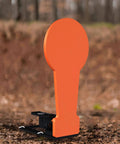 Two Pack Three Eighths Inch AR500 Steel Popper Target Auto Reset With 12.8 Inch Plate displayed in outdoor shooting range.