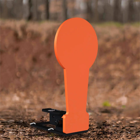 Two Pack Three Eighths Inch AR500 Steel Popper Target Auto Reset With 12.8 Inch Plate displayed in outdoor shooting range.